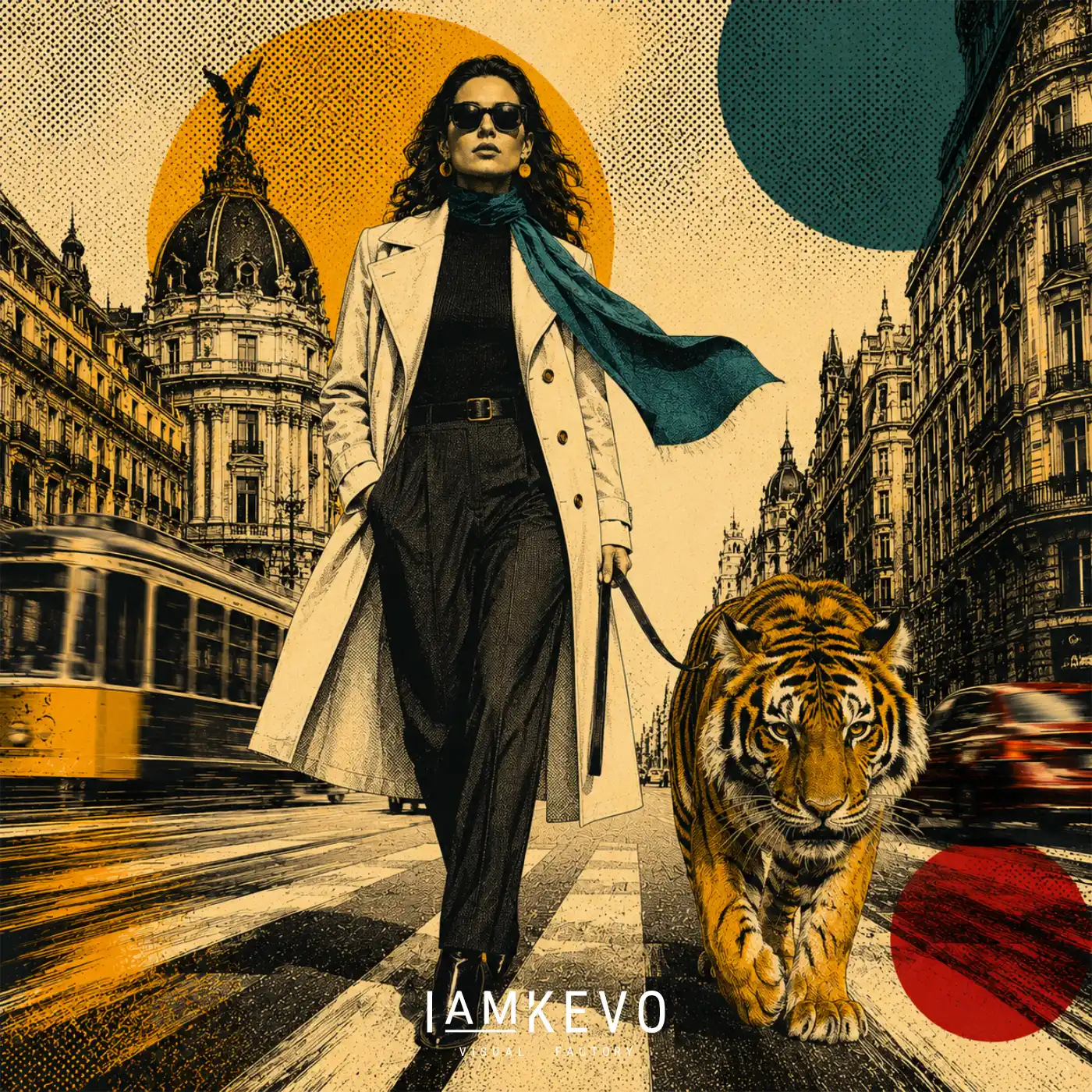 Tiger Avenue artwork from the DOT ERA Urban Motion series with a woman leading a tiger through a cinematic city avenue