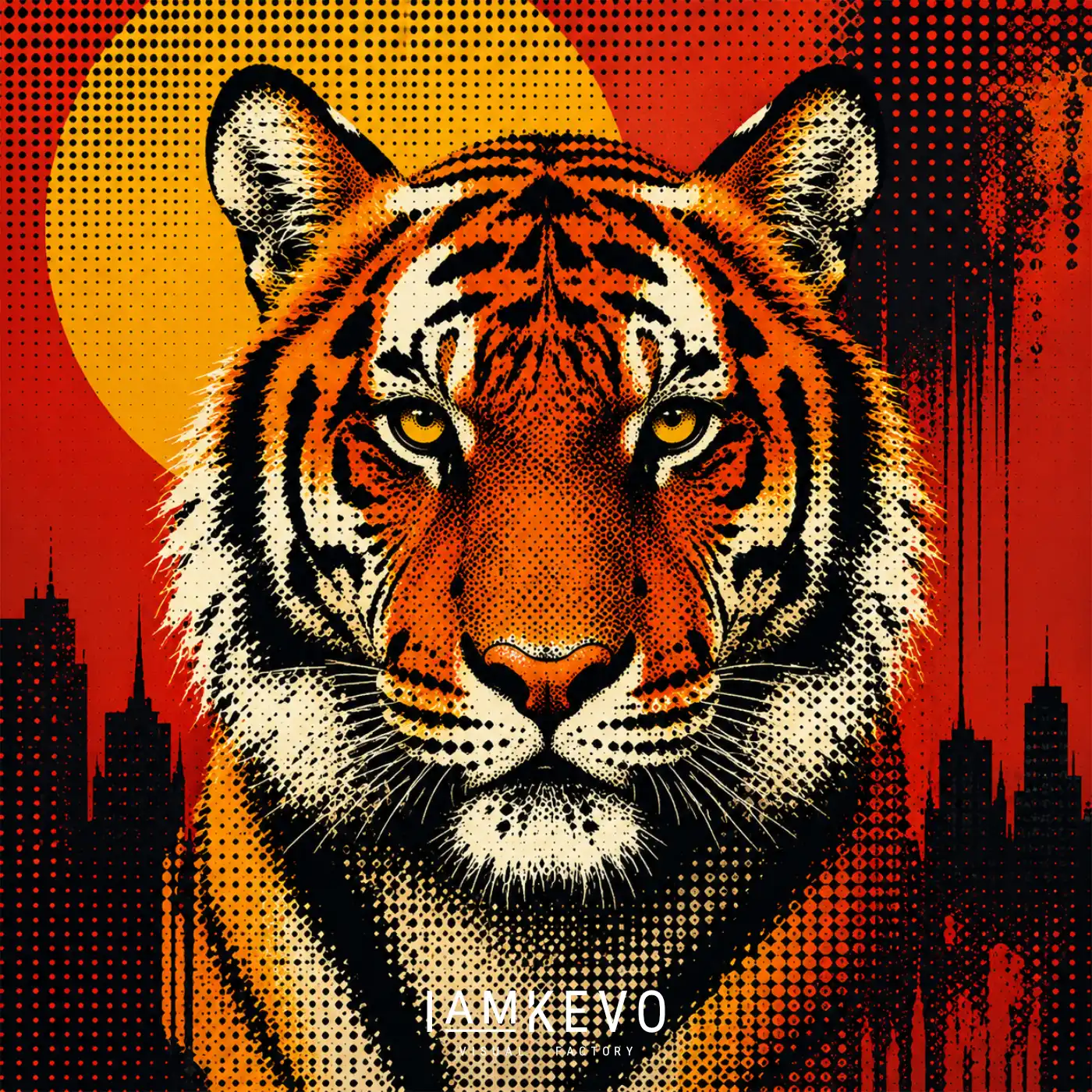 Tiger Pop artwork from the Dot Era collection with solar tones, halftone texture and bold wild energy