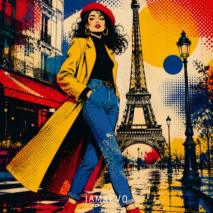 Chic stroll in Parisian pop art style Dot Era