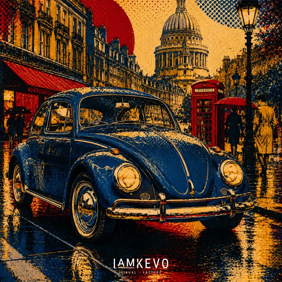 Volkswagen Beetle car rainy London night dot style pop art