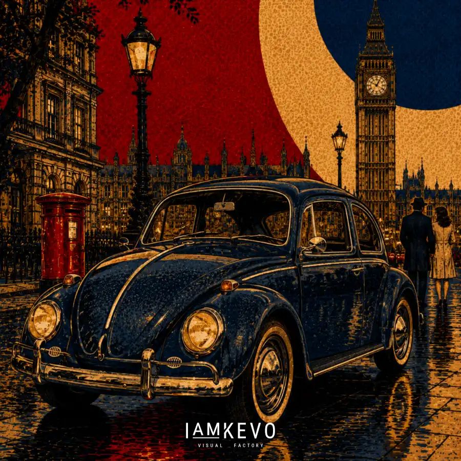 Volkswagen Beetle car vintage London night Dot Era pop art