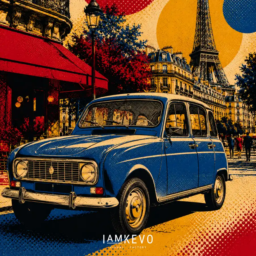 Renault 4 vintage car vibrant Paris street Dot Era pop art