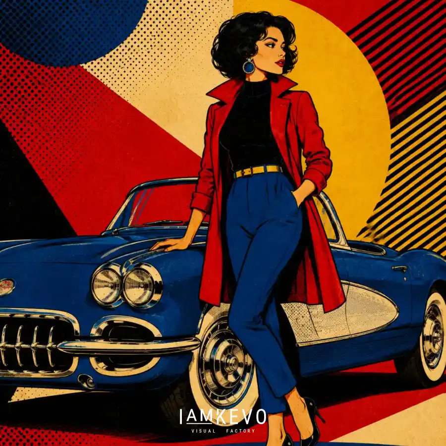 Stylish woman with classic convertible Dot Era pop art